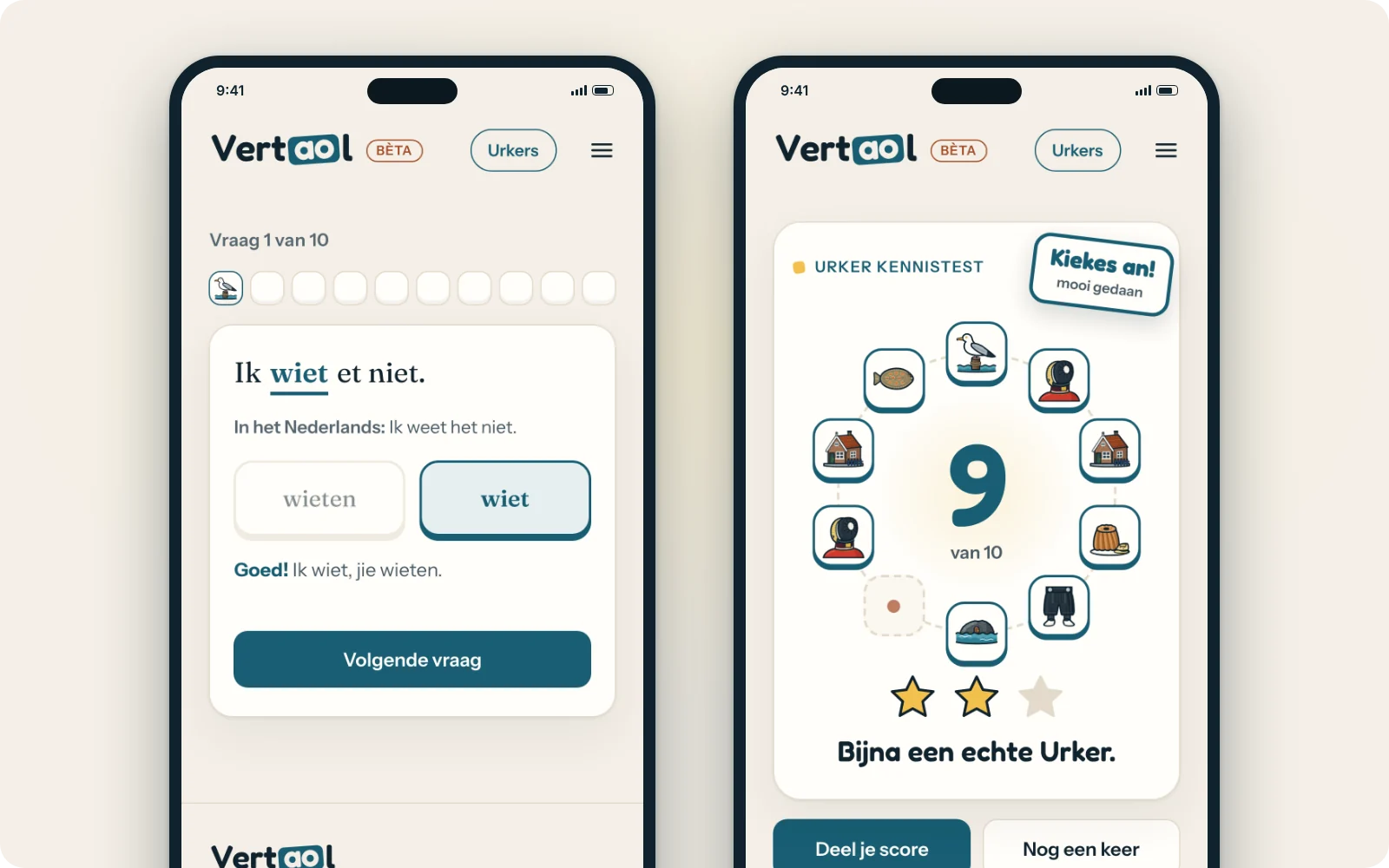 De Urker kennistest van Vertaol op een telefoon: een goed beantwoorde vraag en een eindscore van 9 van de 10