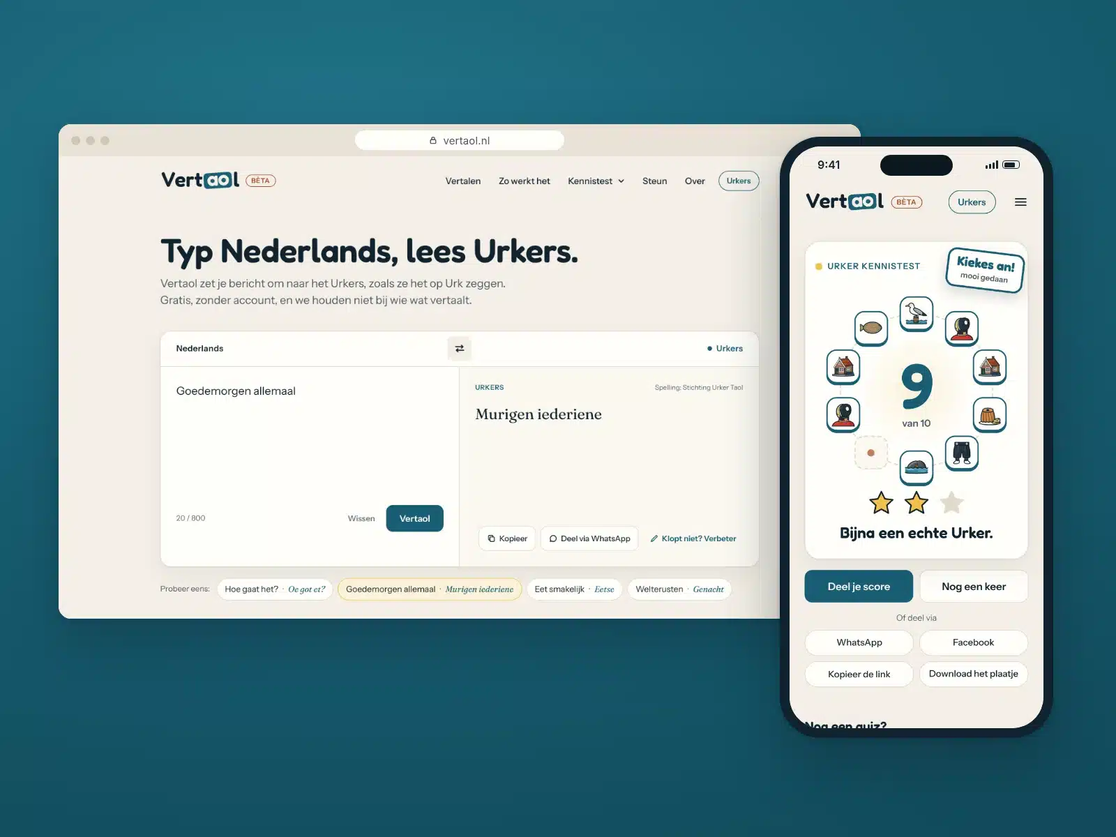 Vertaol.nl op een laptop en een telefoon: de vertaler van Nederlands naar Urkers en de uitslag van de Urker kennistest