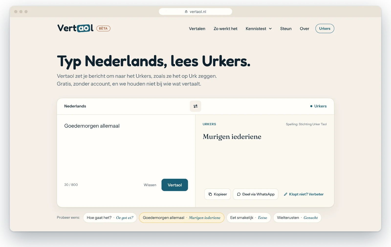 Vertaol vertaalt Goedemorgen allemaal naar het Urkers: Murigen iederiene